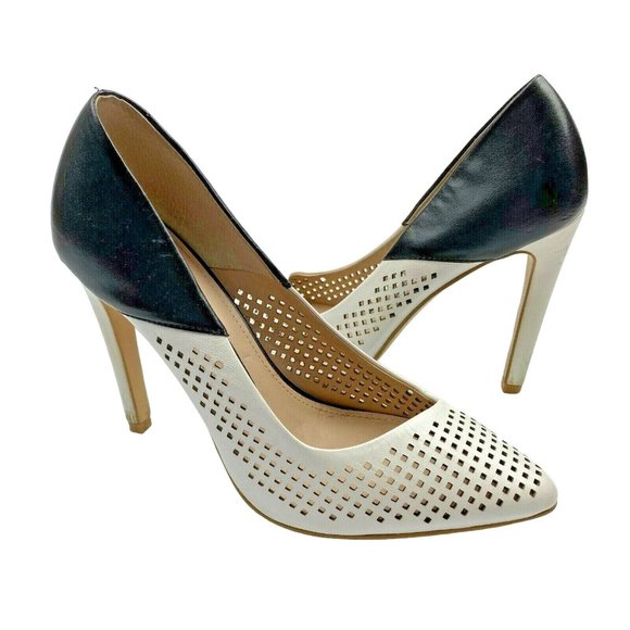 French Connection Maya Pumps Size 37.5 US 7.5 Perforated Leather Pointy Toe - Picture 1 of 12